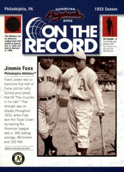2002 Donruss Originals - On The Record #OR-2 Jimmie Foxx  Front