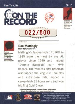 2002 Donruss Originals - On The Record #OR-10 Don Mattingly  Back