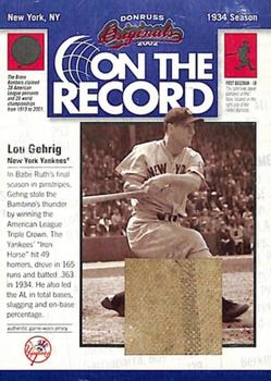 2002 Donruss Originals - On The Record Materials #OR-3 Lou Gehrig Front