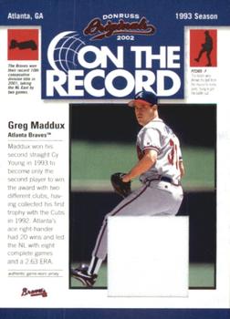2002 Donruss Originals - On The Record Materials #OR-7 Greg Maddux Front