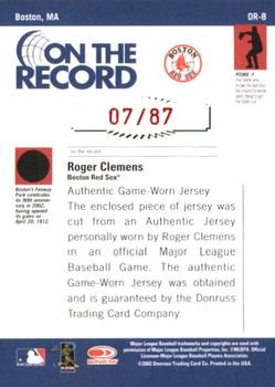 2002 Donruss Originals - On The Record Materials #OR-8 Roger Clemens Back
