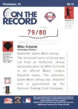 2002 Donruss Originals - On The Record Materials #OR-15 Mike Schmidt Back