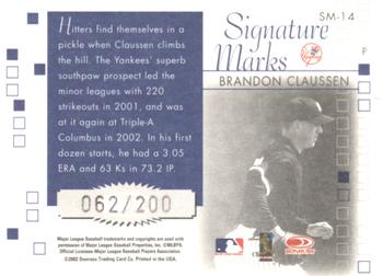 2002 Donruss Originals - Signature Marks #SM-14 Brandon Claussen Back