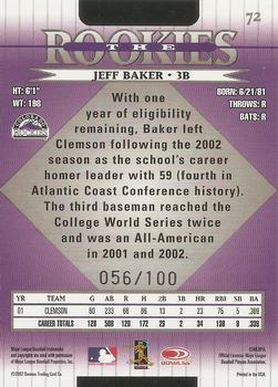 2002 Donruss The Rookies - Autographs #72 Jeff Baker Back