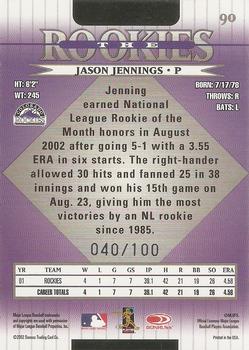 2002 Donruss The Rookies - Autographs #90 Jason Jennings Back