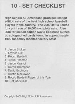 2000 High School Baseball All-Americans (Unlicensed) #10 Checklist Back