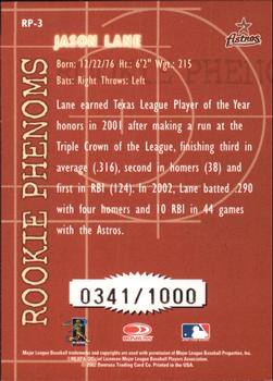 2002 Donruss The Rookies - Rookie Phenoms #RP-3 Jason Lane  Back