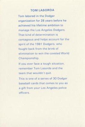 1982 Los Angeles Dodgers Police #NNO Tom Lasorda Back