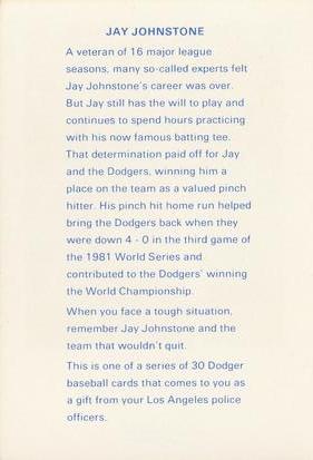 1982 Los Angeles Dodgers Police #NNO Jay Johnstone Back