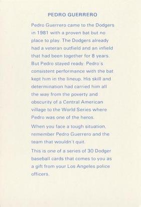 1982 Los Angeles Dodgers Police #NNO Pedro Guerrero Back