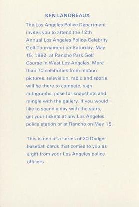 1982 Los Angeles Dodgers Police #NNO Ken Landreaux Back