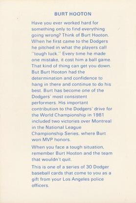 1982 Los Angeles Dodgers Police #NNO Burt Hooton Back