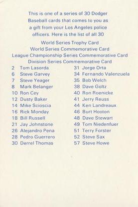 1982 Los Angeles Dodgers Police #NNO World Series Trophy Card Back