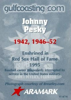 2001 Aramark Boston Red Sox 100th Anniversary #11 Johnny Pesky Back