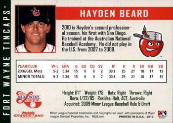 2010 Grandstand Fort Wayne TinCaps #NNO Hayden Beard Back