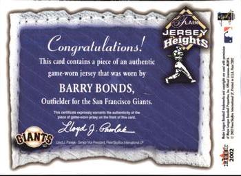 2002 Flair - Jersey Heights #NNO Barry Bonds Back