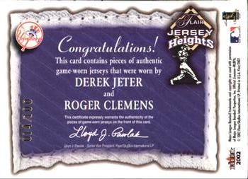 2002 Flair - Jersey Heights Dual Swatch #NNO Derek Jeter / Roger Clemens  Back