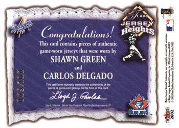 2002 Flair - Jersey Heights Dual Swatch #NNO Carlos Delgado / Shawn Green  Back