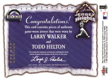 2002 Flair - Jersey Heights Dual Swatch #NNO Todd Helton / Larry Walker  Back