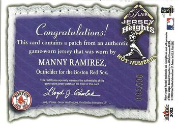 2002 Flair - Jersey Heights Hot Numbers Patch #NNO Manny Ramirez  Back