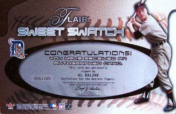 2002 Flair - Sweet Swatch Bat Autograph #NNO Al Kaline Back