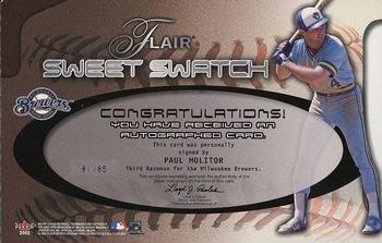 2002 Flair - Sweet Swatch Bat Autograph #NNO Paul Molitor Back
