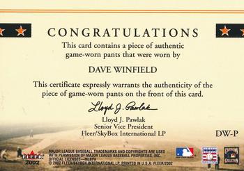 2002 Fleer - Classic Cuts #DW-P Dave Winfield Back