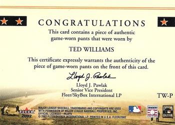 2002 Fleer - Classic Cuts #TW-P Ted Williams Back
