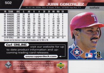 1999 Upper Deck #502 Juan Gonzalez Back