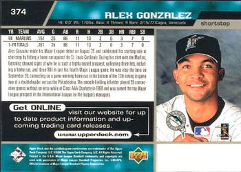 1999 Upper Deck #374 Alex Gonzalez Back