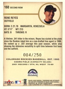 2002 Fleer Authentix - Second Row #160 Rene Reyes Back