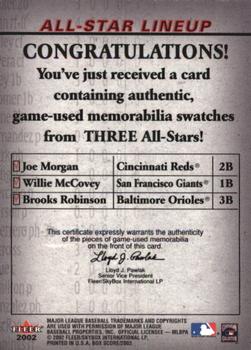 2002 Fleer Box Score - All-Star Lineup Game Used #NNO Joe Morgan / Willie McCovey / Brooks Robinson Back