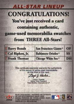 2002 Fleer Box Score - All-Star Lineup Game Used #NNO Barry Bonds / Cal Ripken Jr. / Frank Thomas  Back