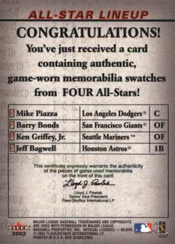 2002 Fleer Box Score - All-Star Lineup Game Used #NNO Mike Piazza / Barry Bonds / Ken Griffey Jr. / Jeff Bagwell Back