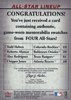 2002 Fleer Box Score - All-Star Lineup Game Used #NNO Todd Helton / Roberto Alomar / Alex Rodriguez / Chipper Jones Back