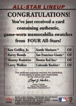 2002 Fleer Box Score - All-Star Lineup Game Used #NNO Ken Griffey Jr. / Barry Bonds / Manny Ramirez/ Larry Walker  Back