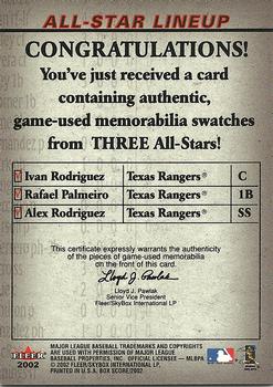 2002 Fleer Box Score - All-Star Lineup Game Used #NNO Ivan Rodriguez / Rafael Palmeiro / Alex Rodriguez Back