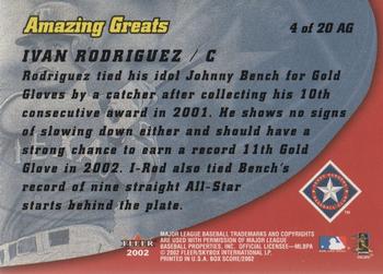 2002 Fleer Box Score - Amazing Greats #4AG Ivan Rodriguez  Back