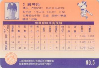 1992 Chu Tung Mercuries Tigers #5 Kun-Sheng Chiang Back