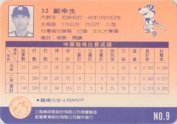 1992 Chu Tung Mercuries Tigers #9 Hsing-Sheng Cheng Back