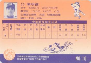1992 Chu Tung Mercuries Tigers #10 Ming-Te Chen Back