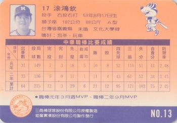 1992 Chu Tung Mercuries Tigers #13 Hung-Chin Tu Back