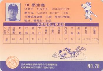1992 Chu Tung Mercuries Tigers #28 Sheng-Feng Tsai Back