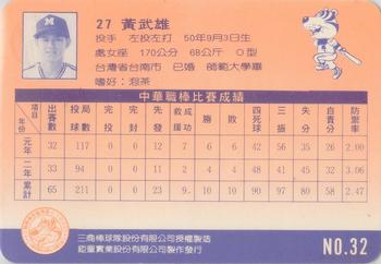1992 Chu Tung Mercuries Tigers #32 Wu-Shiung Huang Back