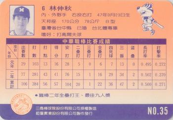 1992 Chu Tung Mercuries Tigers #35 Chung-Chiu Lin Back