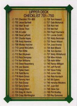1989 Upper Deck #701 Checklist: 701-800 Front