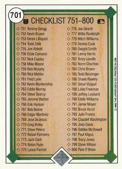 1989 Upper Deck #701 Checklist: 701-800 Back