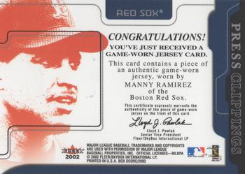 2002 Fleer Box Score - Press Clippings Game Used #NNO Manny Ramirez Back
