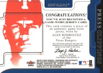 2002 Fleer Box Score - Press Clippings Game Used #NNO Alex Rodriguez Back
