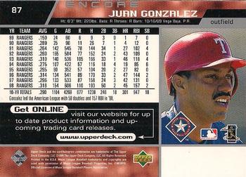1999 Upper Deck Encore #87 Juan Gonzalez Back